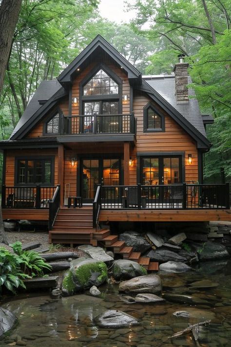 Log Homes | Simply amazing! 😍 | Facebook Wood Cabin House Exterior, Mountains Cabin Aesthetic, Log Home With Black Trim, Log Cabin Black Trim, Log Cabin Deck Ideas, Exterior Cabin Ideas, Dark Cabin Exterior, Luxury Cabin Exterior, Modern Log Cabin Exterior