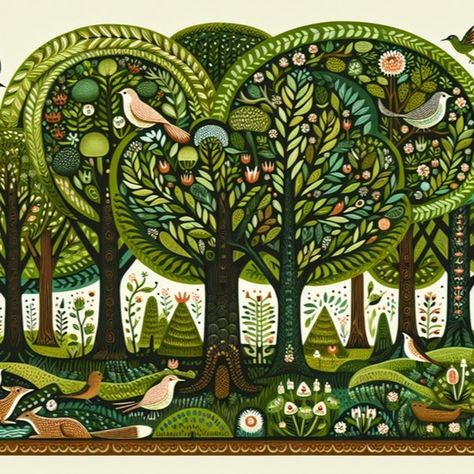 A little folk art, anyone? frantasticdigitalart.com #forest #folkart #retro #AIart #originalart #wallart #homedecor #digitalprint Folk Tree Art, Folk Illustration Forests, Folk Animals Illustration, Folk Art Mountains, Forest Folk Art, Folk Art Elements, Folk Art Wall Mural, Folk Art Border Design, Whimsical Folk Art