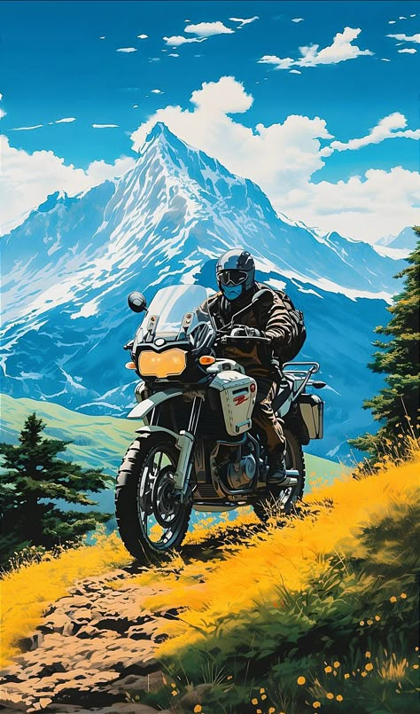 HD wallpaper on painting of bike rider riding bike on mountain 🏔️#ride #mountain #trending #viral #pin #Pinterest #mobilewallpaper Aesthetic Bike Wallpaper, Mountain Biking Aesthetic, Motos Aesthetic, Motorcycle Art Painting, Good Phone Backgrounds, Rider Wallpaper, Ride Bike, Adventure Motorcycle, Bike Riders