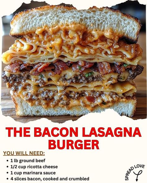 🍔🥓 The Bacon Lasagna Burger 🍝🔥 – A Flavor Explosion You Can't Resist! Ever wondered what happens when a juicy burger meets the cheesy, saucy goodness of lasagna? 🤯 Say hello to The Bacon Lasagna Burger, the ultimate mashup of comfort food and grilling greatness! Perfect for when you're craving bold, satisfying flavors. 🌟 👇 Here’s how to make it: ✨ Ingredients: 1 lb ground beef 🍔 1/2 cup ricotta cheese 🧀 1 cup marinara sauce 🍅 4 slices bacon, cooked and crumbled 🥓 4 hamburger buns 🍞 1 cup s... Lasagna Burger, Bacon Lasagna, Street Food Business, Juicy Burger, How To Make Bacon, Hamburger Buns, Food Business, Delicious Sandwiches, Ricotta Cheese