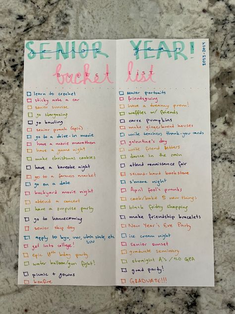 bucket list for senior year Senior Year Supply List, Things To Do As A Senior In High School, Senior Year Bucket List Best Friends, Senior Bucket List Ideas, Songs For Senior Year, Movies To Watch Senior Year, Senior Year Must Dos, Fun Senior Year Ideas, Senior Summer Aesthetic