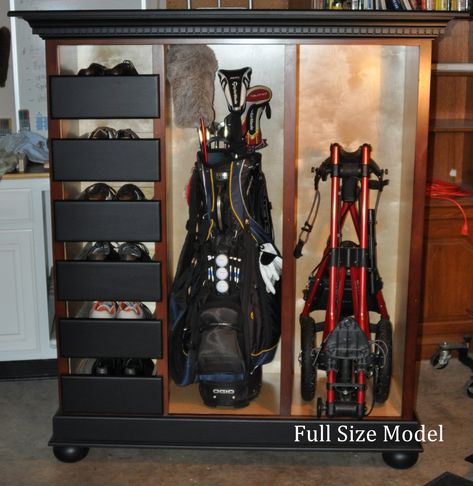 Full-size cabinet will store six pairs of golf shoes, two sets of golf clubs or one set of clubs and one handcart. Golf Club Storage Cabinet, Sports Bag Storage, Golf Basement, Diy Lockers, Golf Equipment Storage, Upcycle Cabinet, Golf Locker, Golf Storage, Golf House