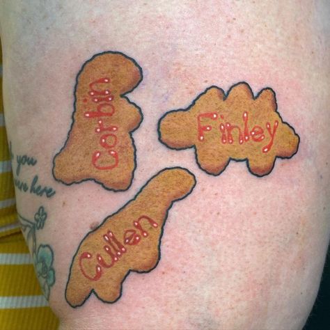 Dinosaur Nugget Tattoo, Chicken Nuggets Tattoo, Chicken Nugget Tattoo Ideas, Dino Chicken Nugget Tattoo, Dino Nugget Tattoo, Chicken Nugget Drawing, Chicken Nugget Tattoo, Nugget Tattoo, Dino Nuggies