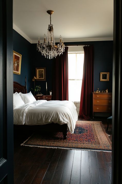 Create timeless charm with these Victorian bedroom ideas to make your bedroom a true place to relax. Victorian Dark Bedroom, Black Bedroom Floor Ideas, Vintage Brown Bedroom Ideas, Smoky Blue Bedroom Walls, Dark Blue Bedroom Bedding, Bedroom Inspirations Master Antique, Dark Medieval Bedroom, Traditional Moody Bedroom, Red Cottage Bedroom