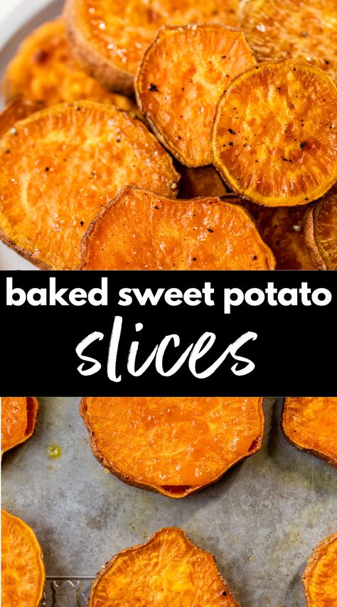 These simple Baked Sweet Potato Slices are lightly seasoned and ready in just 30 minutes. It’s a healthy and delicious side dish that’s flexible and pairs well with anything! Bakes Sweet Potatoes In Oven, Best Roasted Sweet Potato Recipes, Sweet Potato Sides For Steak, Simple Baked Sweet Potato, Sweet Potato Slices In Oven, Toasted Sweet Potato Slices, Roasted Sliced Sweet Potatoes, Baked Sweet Potato Recipes Ovens, Sweet Potato Recipes Healthy Baked