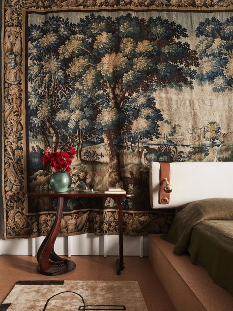 Bedroom by Charlap Hyman & Herrero Soho Apartment, Conversation Pit, Medieval Tapestry, Hanging Fabric, Woven Wall Art, Gold Fabric, Fabric Print, Tapestry Weaving, Architectural Digest