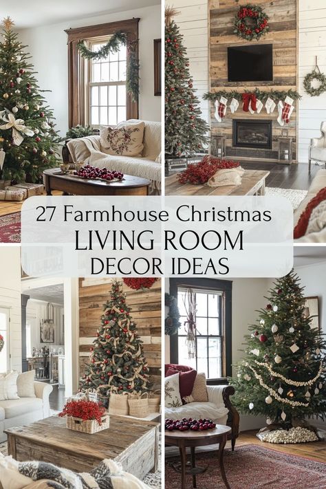 Festive farmhouse living room with Christmas decor, featuring a rustic tree, cozy furniture, and wreaths. Warm, inviting atmosphere with holiday charm. Christmas Living Room Ideas Farmhouse, Simple Christmas Living Room Ideas, Farmhouse Xmas Decor Living Room, Simple Christmas Decor Living Room, Country Christmas Living Room, Rustic Christmas Decorations Living Room, Cozy Christmas Living Room Ideas, Farmhouse Christmas Living Room, Farmhouse Christmas Decor Living Room