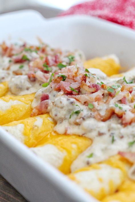 Breakfast Enchiladas with Sausage Gravy | Chef Elizabeth Reese Hibachi Steak And Shrimp Recipe, Brunch Savory, Strawberry Stuffed French Toast, Breakfast Favorites, Sausage Gravy Recipe, Breakfast Enchiladas, Healty Dinner, Stuffed French Toast, Steak And Shrimp