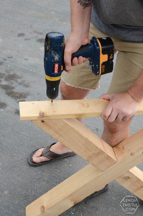 DIY X Leg Patio Table with Pipe Trestle Coffee Table Legs Ideas, Table Leg Ideas, Trestle Table Plans, Diy Brick Patio, Garden Table Plans, Wood Patio Table, Trestle Table Legs, Terrace Table, Outside Table