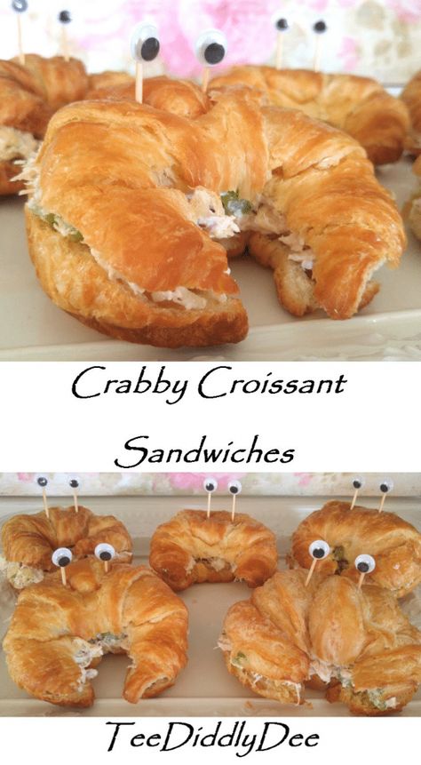 Out of all of the projects I made for our Sea Party, these little crabby guys were definitely one of my favorites, and SOOOOOO simple to make!  All party-goers got a little chuckle as they walked up to the refreshment table and spotted these little guys.  I remember overhearing someone say, “Those little crabby sandwiches are just too cute to […] Croissant Sandwiches, Refreshment Table, Mermaid Birthday Party Food, Sea Party Ideas, Croissant Sandwich, Ocean Birthday Party, Shark Themed Birthday Party, Fishing Birthday Party, Party Sandwiches