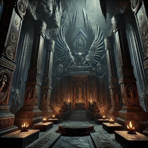 Deep within the cliffs of Scorthveil lies a sanctuary dedicated to the enigmatic Crow God. This ancient place of worship, carved into the living rock, echoes with the whispers of forgotten rituals. Dark, weathered pillars reach up to the heavens, framing the entrance to a sacred space where the divine and mortal worlds intersect. A place where time stands still, and the weight of history is palpable. #worldbuilding #epicfantasy #fantasyworlds Crow God, Fantasy Temple, Dark Temple, Fantasy Place, Dark Heresy, Fantasy Buildings, Altar Art, Time Stands Still, Arch Decor