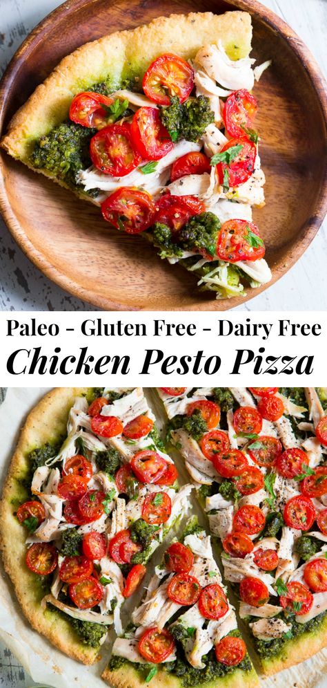 Paleo Pizza Crust, Chicken Pesto Pizza, Dairy Free Pizza, Paleo Pizza, Dairy Free Recipes Dinner, Chicken Pesto, Dairy Free Dinner, Pesto Pizza, Simple Chicken