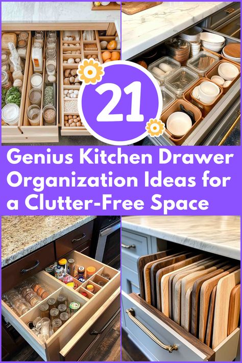 Tired of messy kitchen drawers? Discover 21 brilliant organization ideas to transform your kitchen drawers into tidy, efficient spaces. Say goodbye to clutter and make cooking a breeze! #KitchenOrganization #DrawerOrganization #KitchenHacks #DeclutterYourKitchen #OrganizedHome Deep Kitchen Drawers Organization, Smart Kitchen Organization, Kitchen Drawer Organization Ideas Diy, Pantry Drawers Organization, Kitchen Organization Cabinet Drawers, Kitchen Drawer Cabinets, Best Kitchen Drawer Organizers, What To Store In Kitchen Drawers, How To Organize Deep Kitchen Cabinets