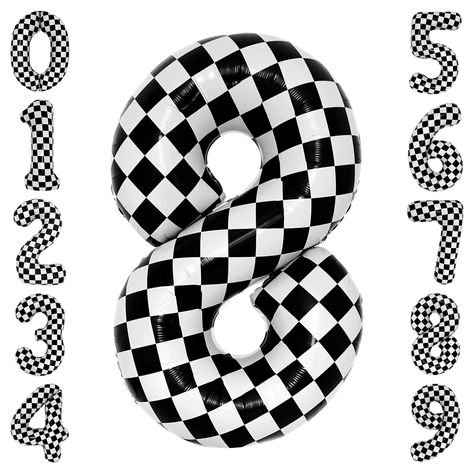 PRICES MAY VARY. Customized Checkered Number 8 Balloons: This number balloons feature black and white color, classic and vintage Centerpiece Decorations for Party: Perfect for racing checkered flag party, hot wheels birthday decoations, NASCAR birthday party, chess party decorations Easy to Decorate: Use the tabs on the top to hang it from the ceiling if air-filled, or anchor it down if filled with helium Durable & Reusable: This thickened checkerboard balloon is made of high quality aluminum fi Birthday Party Themes For 6 Year Boy, Hot Wheels Birthday Balloons, 3rd Gear Birthday Party For Boy, Dukes Of Hazzard Birthday Party, Dirt Bike Birthday Party Decorations, Hot Wheels Pool Party, Dale Earnhardt Birthday Party, 2nd Birthday For Boy, Go Kart Birthday Party Ideas