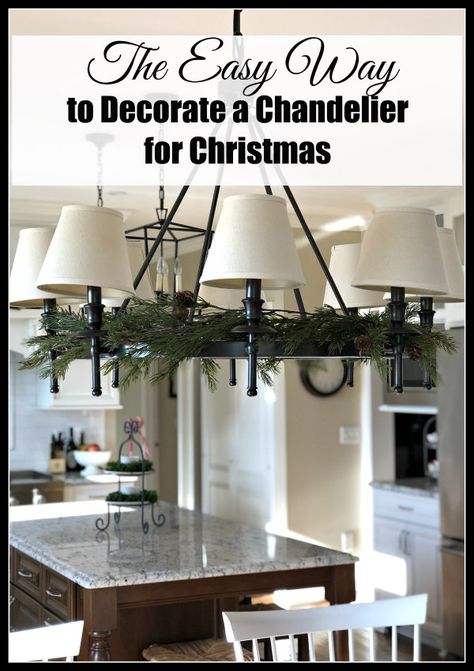 Easy Way to Decorate a Chandelier for Christmas - simple tips to decorate a chandelier for the holidays.  #tipsandtricks #christmasdecorations #diychristmasdecorations #diychristmas Christmas Garland Light Fixture, How To Decorate A Hanging Light Fixture For Christmas, Christmas Greenery On Chandelier, How To Decorate Hanging Lights For Christmas, Light Fixture Decorations For Christmas, Christmas Decorating Light Fixtures, Christmas Decor For Dining Room Light, Christmas Dining Light Decor, Christmas Decorations For Light Fixtures