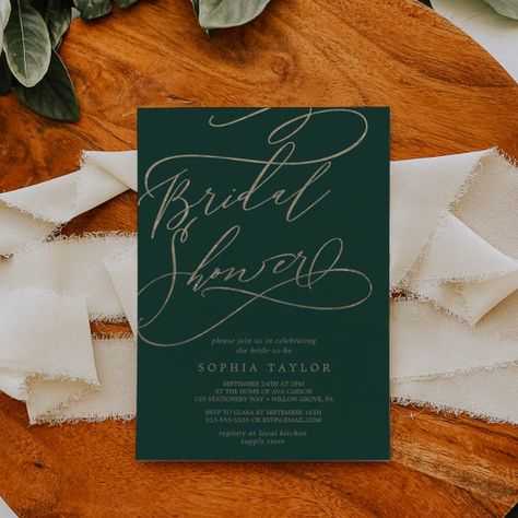 Romantic Green Calligraphy Flourish Bridal Shower Invitation Green Calligraphy, Forest Dark Green, Green Bridal Showers, Shower Modern, Forest Dark, Simple Bridal Shower, Mary's Bridal, Elegant Bridal Shower, Gold Bridal Showers