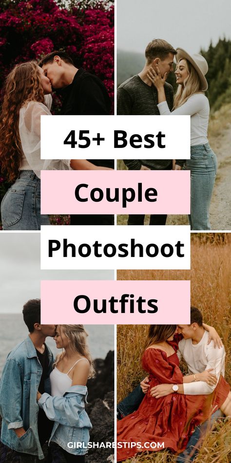 Get ready to capture your love in the most stylish way possible with these 45+ couple photoshoot outfit ideas. Whether you're going for a boho, trendy, or classic look, or a photoshoot session for spring, summer, fall, or winter, this collection has got you covered. | couple photoshoot outfits | couple photoshoot ideas | couple photoshoot poses | engagement photoshoot | beach couple photoshoot | country couple photoshoot | couples photoshoot outfits casual | engagement photos outfits Creative Photoshoot Ideas For Couples, Outdoor Engagement Photos Outfits Spring, Fall Photoshoot Outfits Couples Casual, Vineyard Photoshoot Couple, Couples Spring Photoshoot Outfit Ideas, What To Wear For Engagement Photos, Couple Fall Pictures Outfits, Couple Christmas Pictures Outfits, Fall Outfits For Couples Pictures