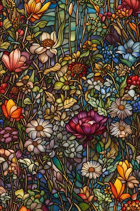 Beautiful, colorful, faux stained glass image of wildflowers Stainglass Wallpaper, Faux Stained Glass Art, Stained Glass Phone Wallpaper, Stained Glass Lockscreen, Stained Glass Wallpaper Iphone, Stained Glass Background, Stained Glass Aesthetic, Stained Glass Windows Patterns, Stained Glass Wallpaper