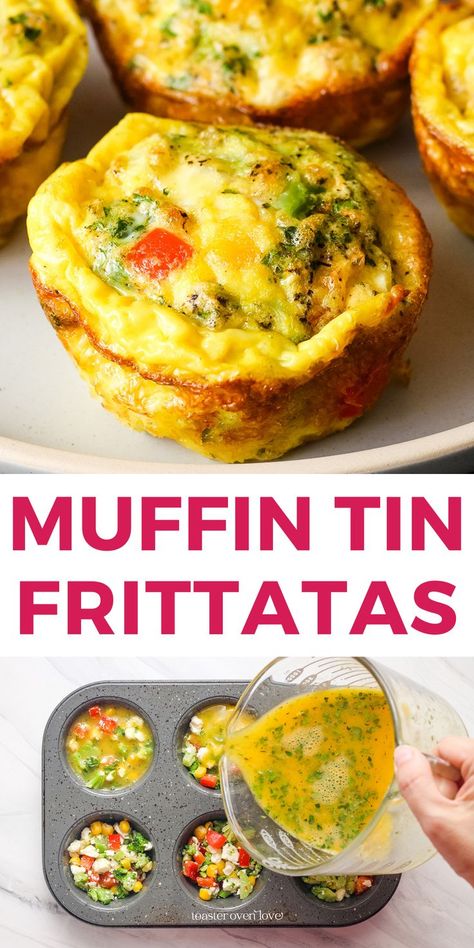 Close up of baked mini frittatas on place and hand pouring egg mixture over veggies in a muffin tin. Veggie Egg Muffins, Fritata Recipe, Frittata Recipes Breakfast, Easy Frittata, Egg Muffins Recipe, Egg Muffins Breakfast, Vegan Muffins, Frittata Recipes, Egg Muffins