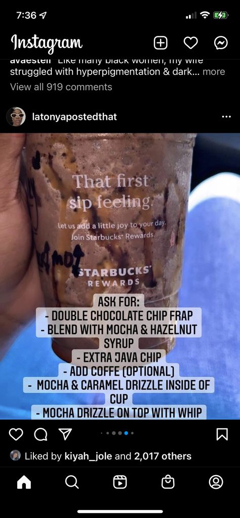 Starbucks Double Chocolate Chip Frap, Frappe Starbucks, Chocolate Chip Frappe, Starbucks Chocolate, Starbucks Rewards, How To Order Starbucks, Starbucks Recipes, Starbucks Drinks, Double Chocolate