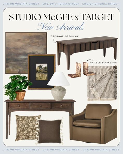 Favorite finds from the 2024 Studio McGee Target Fall Collection. Includes moody abstract art, dark wood furniture, ceramic lamp, cozy throw blanket, a velvet swivel armchair, brown floral throw pillows and more! Studio Mcgee Fall, Target Chair, Mcgee Target, Wicker Lamp Shade, Target Fall, Target Decor, Side Table Styling, Life On Virginia Street, Target Furniture