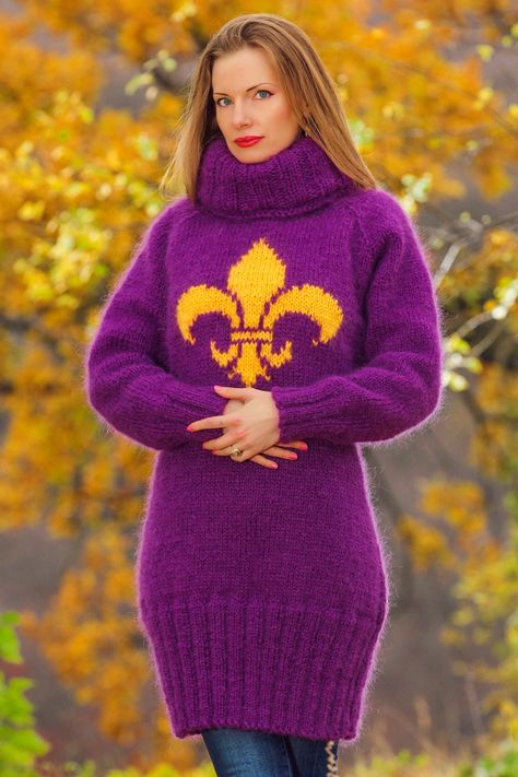 "ONE OF A KIND PURPLE DRESS BY SUPERTANYA READY TO SHIP Fits size М / L Body length, measured from the shoulder top to the bottom end (handing position): 35.4'' / 90 cm Chest width, measured at the back, between the underarms: 21.3 / 54 cm; Sleeve length, measured from the neckline to the end of the cuff: 27.6\" / 70 cm Turtleneck length: 18.1 inches / 46 cm *All measurements are taken with the item laid flat and not stretched. The top quality materials, craftsmanship and service, in addition to Mohair Dress, Fuzzy Mohair Sweater, Turtleneck Tunic, Wool Sweater Dress, Thick Sweater, Aran Sweater, Unique Sweaters, Winter Mode, Soft Dress