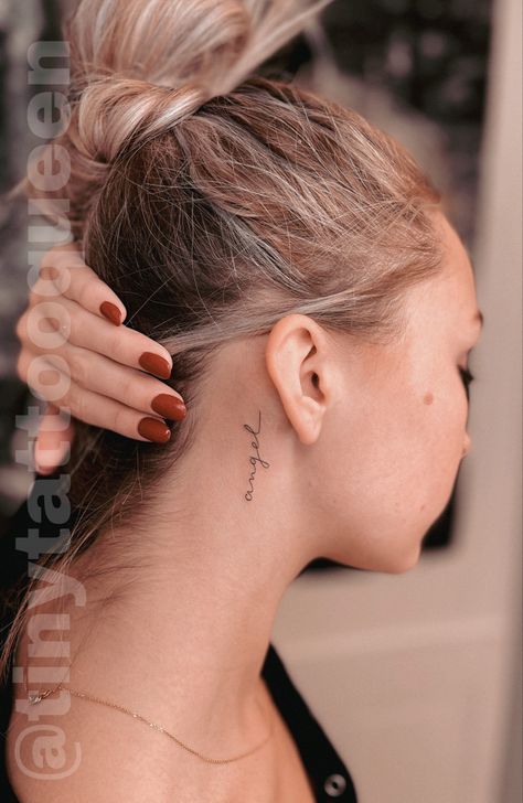 Fine Line Tattoo Idea by Victoria Love Simple Small Neck Tattoos, Worthy Neck Tattoo, Always Neck Tattoo, Tattoo Idea For Women Neck, Simple Word Neck Tattoo, Dainty Word Neck Tattoos, Small Writing Neck Tattoos, Word Behind The Ear Tattoo, Discrete Neck Tattoo