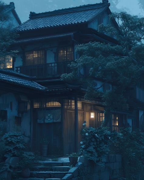 Blue Hour - A traditional Japanese house sitting on the quiet countryside. During blue hour when it’s time to head home for dinner. #photoshop #paintover #midjourney #mattepainting #digitalart #digitalpainting #painting #conceptart #artdirection #illustration #environment #mood #architecture #fantasy #eastern #oriental #japan #japanese #house #traditional #twilight #dusk #night #bluehour #blue #asian #old #countryside #chill Japanese Buildings Traditional, Japanese Countryside House, Japanese House Architecture, Mood Architecture, Illustration Environment, Old Japanese House, Traditional Korean House, House Traditional, Japan Traditional House