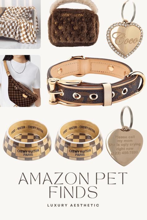 Budget Luxury Pet Products: Amazon Finds - Frenchies by the Sea: Pet Supplies & Lifestyle Reviews #luxurypets #petAccessories #luxuryaesthetic #amazonpets Puppy Essentials Aesthetic, Luxury Pet Accessories, Amazon Pet Finds, Aesthetic Dog Stuff, Aesthetic Dog Supplies, Skincare On Amazon, Luxury Dog Accessories, Tiktok Skincare, Louis Vuitton Inspired