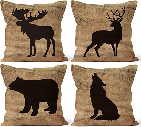 Amazon.com: HIWX Forest Animals Bear Deer Moose Wolf Decorative Pillowcase Throw Pillow Cover, Rustic Camper Woodland Animal Theme for Sofa Bed Room Home Decor 18 x 18 Inch Set of 4 Pillow Case : Home & Kitchen Woodland Animals Theme, Lodge Room, Animal Throw Pillows, Stil Rustic, Log Cabin Decor, Woodland Decor, Office Cafe, Couch Sofa, Decorative Throw Pillow Covers