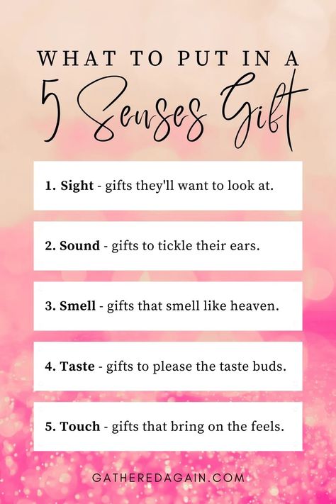 A list of the 5 senses and the kinds of gifts that would appeal to those senses. 5 Senses Gift For Boyfriend Smell, Hear Gift Ideas For Him, 5 Scents Gifts For Him, 5 Sense Gift For Boyfriend Ideas, 5 Senses Gifts, 5 Senses Gift, Bday Gift For Boyfriend, Five Senses Gift, Smell Gift