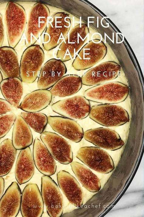 This Fresh Fig and Almond Cake is an amazingly easy one-bowl dessert. It is a decadent summer cake served with a scoop of Greek yogurt and red wine fig sauce. It is definitely a hit for a fig lover! Say 'Yes' to this fig cake recipe and make it ASAP! #bakinglikeachef #cake #figcake #almondcake #easyrecipe #summerdesserts #fruitcake #homemade #madefromscratch #cakerecipes | www.bakinglikeachef.com Fig Dessert Recipes, Fresh Fig Cake Recipe, Fig Recipes Fresh, Fig Cake Recipe, Fig Muffins, Fig Sauce, Fig Dessert, Fig Preserves, Fig Cake