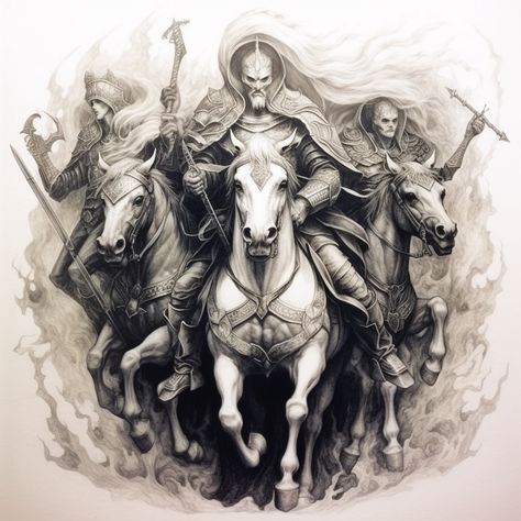 Horsemen Of The Apocalypse Tattoo, 4 Horsemen Of The Apocalypse, Apocalypse Tattoo, Christus Tattoo, 4 Horsemen, Black Art Tattoo, Autumn Tattoo, Horsemen Of The Apocalypse, Boho Art Drawings