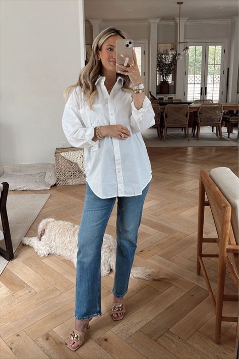 Oversized Poplin Button-Up Shirt curated on LTK Oversize Poplin Shirt Outfit, Button Up Shirt Jeans Outfit Women, White Button Down Layering Outfit, White Button Down Shirt Outfit Pregnant, Poplin Shirt Dress Outfit, White Oversized Button Up, Black Jeans White Button Up, Women’s Oversized Button Up, Jeans And Oversized Button Up