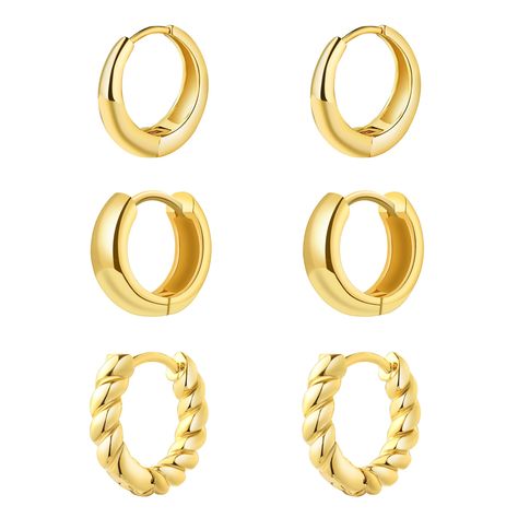 PRICES MAY VARY. [Different sizes]:The diameter of the 5 pairs gold hoop earrings are 6mm/8mm/10mm/12mm/14mm,for wearing in different scences of daily life. [Lightweight & Comfortable]:They’re super lightweight to wear everyday. Even you might forget they’re in there. When Iyou shower or swim with them there are no faded and still look good as new. [Hypoallergenic and Non fading]: The gold earrings pack for women are 14k real gold plated over high quality brass. Hypoallergenic and safe for sensi Small Gold Hoop Earrings Pack, Trendy Gold Hoop Earrings, Dainty Jewelry Earrings, Good Hoop Earrings, Earring Combinations, Gold Earing, Earrings Pack, Gold Hoops Earrings, Earring Pack