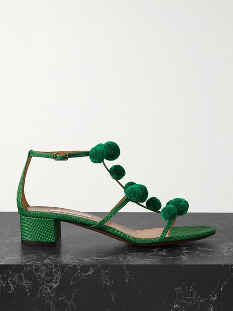 Aquazzura - Fiesta 35 Pompom-embellished Raffia Sandals - Green Raffia Sandals, Bold Lipstick, Green Accessories, Skincare Tools, Fine Watches, Beauty Sets, Pump Sandals, Beauty Accessories, Net A Porter