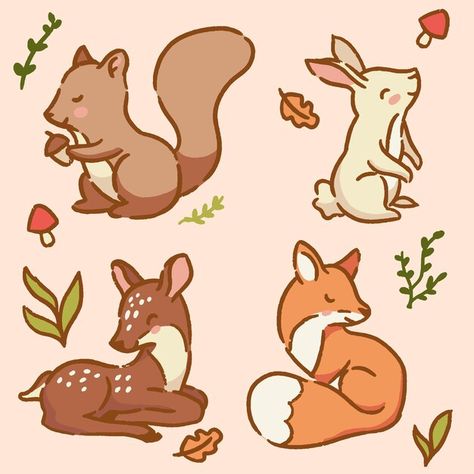 Animals In The Forest Drawing, Forest Cute Drawing, Cartoon Forest Animals, Cute Forest Animals Drawing, Forest Drawing With Animals, Forest Animals Drawing, Cute Deer Drawing, Animated Forest, Animals In Autumn