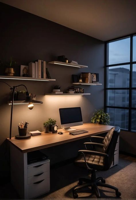 20 Small Moody Office Ideas That Boost Creativity and Focus - Roomy Retreat Mens Computer Room, Dark Home Office Ideas, Dark Study Room, Men’s Office Ideas, Study Room Ideas For Men, Male Office Ideas, Home Office Design For Men, Moody Office Space, Moody Office Inspiration