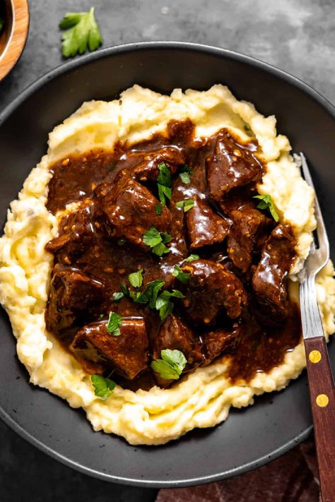 Slow Cooker Beef Tips and Gravy Beef Tips And Gravy Recipe, Slow Cooker Beef Tips, Beef And Gravy, Crock Pot Beef Tips, Beef Stew Meat Recipes, Slow Cooker Meat, Beef Tips And Gravy, Slow Cooker Stew, Slow Cooker Recipes Beef