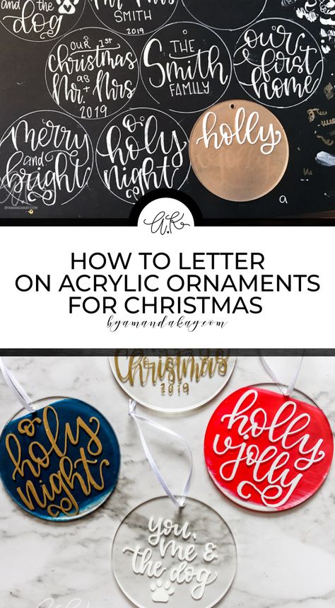 Christas Cricut, Acrylic Circle Christmas Ornaments, Acrylic Xmas Ornaments, Acrylic Christmas Gift Tags, How To Make Acrylic Ornaments, Calligraphy Christmas Ornaments, Painted Flat Ornaments, Cricut Christmas Ornament, Christmas Ornaments 2023 Trends