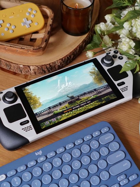 Steam Deck Setup, Steam Deck Oled Aesthetic, Steam Deck Aesthetic, Handheld Aesthetic, Switch Aesthetic, Lake Games, Console Decor, Steam Games, Cozy Gaming