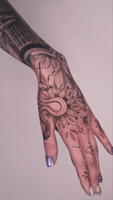 Women Hand Tattoo Design, Hand Tattoo Celestial, Long Hand Tattoo, Women’s Full Hand Tattoos, Hand Pattern Tattoo, Soft Hand Tattoos For Women, Hand Tattoos Pattern, Hand Tattoo Inspo Aesthetic, Witch Core Tattoos