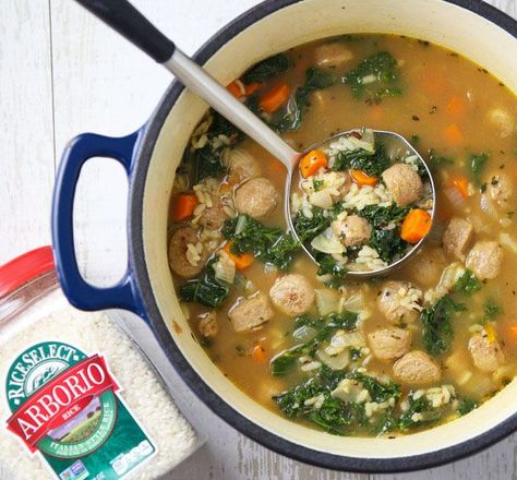 This Sausage and Kale Soup with Arborio Rice can be made in less than 30 minutes and is incredibly savory! This will be your new favorite soup! @Walmart and @RiceSelect #ad #UnforgettableRice #soup #dinner Arborio Rice Soup, Sausage And Kale Soup, Sausage And Kale, Rice Recipes For Dinner, Kale Soup, Arborio Rice, Sausage Soup, Delicious Gluten Free Recipes, Food Critic