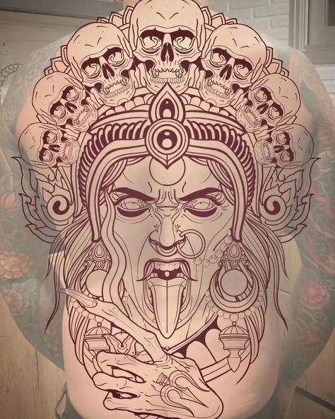 Follow @blacksckulter Nice ideas from @myrhwan Want to get a tattoo but can't find a design? Order your custom tattoo design here 👉… | Instagram Full Back Blackwork Tattoo, Kali Mata Tattoo, Kali Tattoo Design, Mata Tattoo, Desain Tattoo, Buddha Tattoo Sleeve, Kali Tattoo, Maha Kali, Sak Yant Tattoo