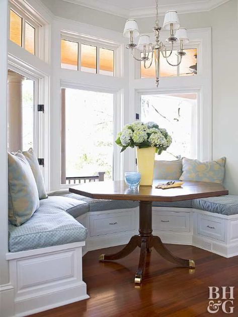 traditional breakfast nook with bay window Bay Window Seating Kitchen, Seating In Kitchen, Booth Seating In Kitchen, Banquette Ideas, Breakfast Nook Bench, Kitchen Bay Window, Breakfast Nook Table, Window Seat Kitchen, Banquette Seating In Kitchen