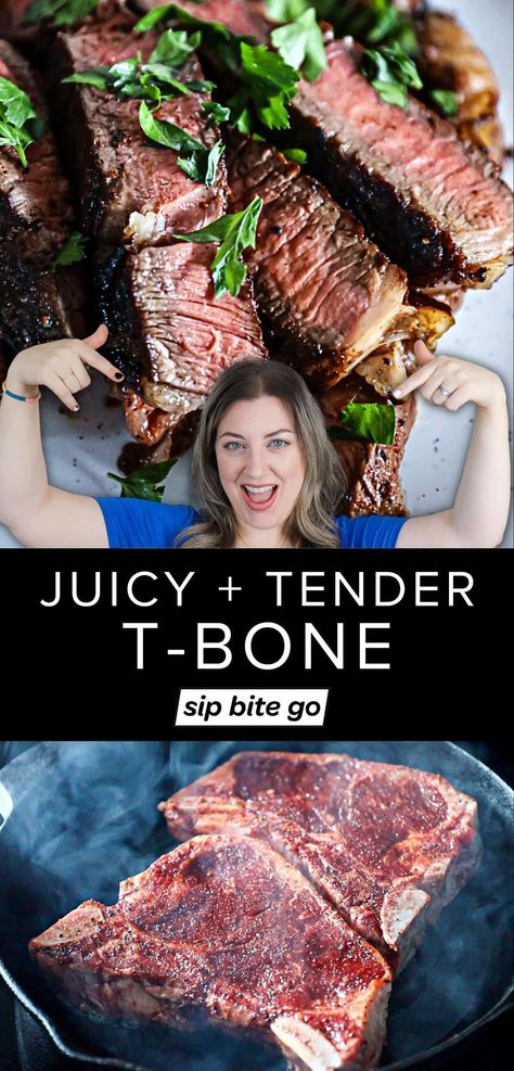 See the best way to make juicy T-Bone Steak Dinners! Learn how to cook t bone steak in oven with this recipe for beginners. Includes how long to cook it, a temperature guide, and more. | sipbitego.com T Bone Steak On Stovetop, Broiled T Bone Steak, Cook Tbone Steak On The Stove, Best Way To Cook T Bone Steak, Pan Seared T Bone Steak Recipe, Beef Tbone Steak Recipes, Best Way To Cook Tbone Steak On Stove, Tbone Steak Recipe Broiled, How To Cook A T Bone Steak On The Stove