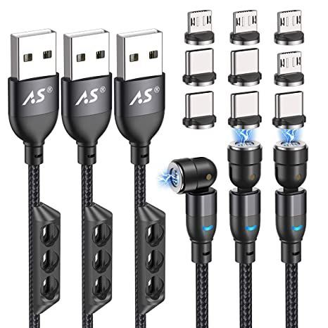 A.S 540 Degree Magnetic Charging Cable(6ft/3Pack), Nylon Braided Cord 3A Fast Charge Magnetic Data Cable, The Last Cable Magnet Phone Charger Compatible with Micro USB, Type C Devices Magnetic Charger Cable, Magnetic Charging Cable, Magnetic Charger, Samsung Tabs, Charger Cord, Mp3 Players, Iphone Charger, Micro Usb Cable, Data Transmission