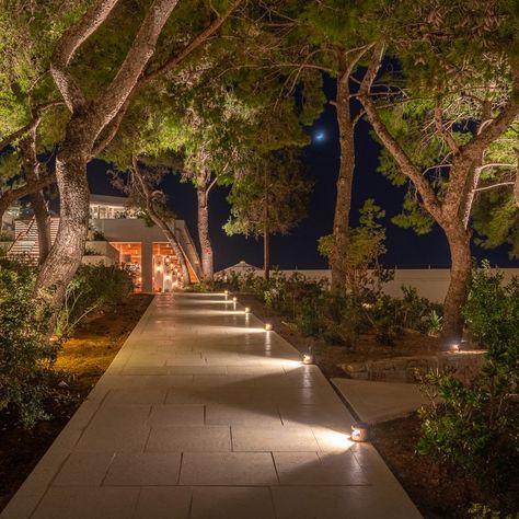 Linea Light Group participated in this landscape lighting project with a vast range of products, both in standard and custom version, to fully emphasise the outdoor space. Four Seasons Athens, Garden Lighting Design, Walkway Lighting, Driveway Lighting, مركز ثقافي, Landscape Lighting Design, Front Garden Landscape, Outdoor Path Lighting, Outdoor Garden Lighting