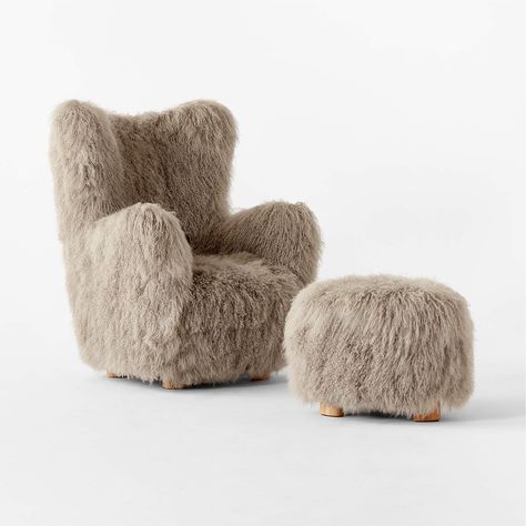 Bozzi Taupe Mongolian Sheepskin Chair and Ottoman Set by Ross Cassidy + Reviews | CB2 Dark Taupe Living Room, Shearling Chair, Taupe Living Room, Sheepskin Chair, Modern Ottoman, Tufted Chair, Cantilever Chair, Chair And Ottoman Set, Modern Accent Chair