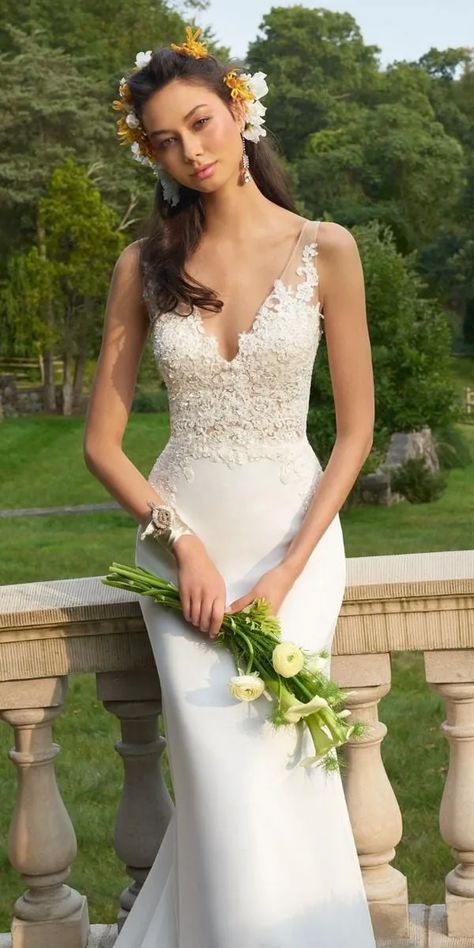 Ivory vs White Wedding Dresses (With 25 Real Examples) - Weddings & Brides Ivory Vs White, Illusion Dress Prom, Wedding Dress Drawings, Off White Wedding Dresses, Illusion Wedding Dress, Beach Wedding Gown, Crepe Wedding Dress, Ivory Gown, Which Is Better